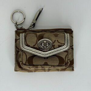 Coach Monogram Canvas Leather Trim Keychain Coin Purse Mini Wallet